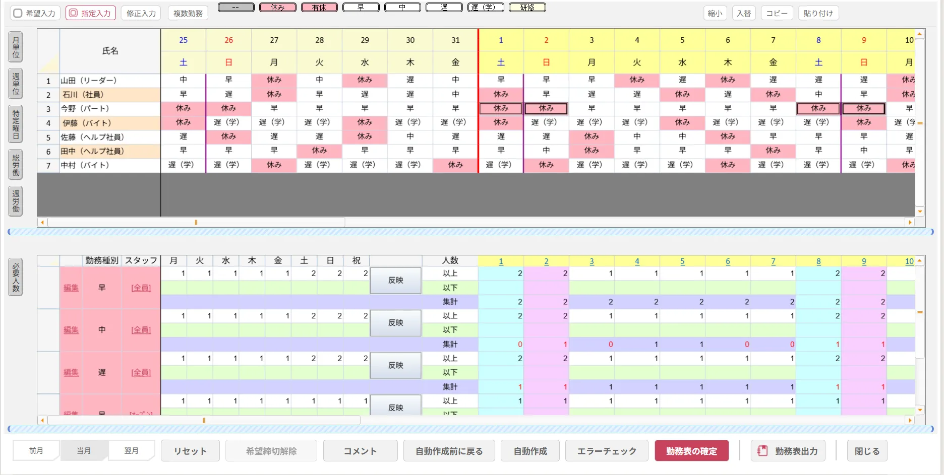 自動作成後の勤務表画面。前月7日間の確定しているシフトも考慮して割り当てます。