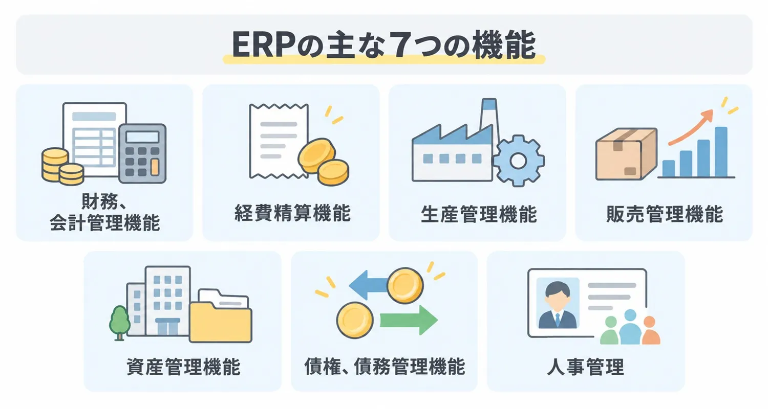 ERPの主な7つの機能(財務・会計管理、経費精算、生産管理、販売管理、資産管理、債権・債務管理、人事管理)をまとめた図