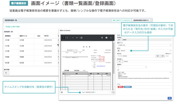 TOKIUM電子帳簿保存の画面イメージ（書類一覧画面/登録画面）