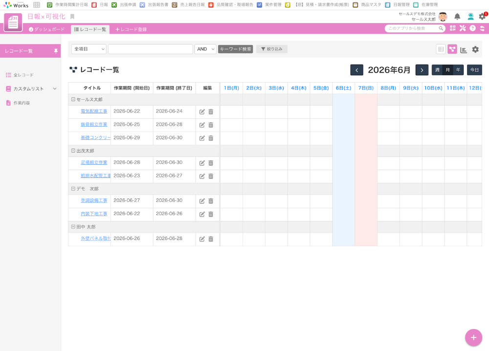 ガントチャート表示：データ一覧画面をガントチャートで表示可能。タスクの開始日や終了日を動かして期間を調整できます。※ビジネスプラン