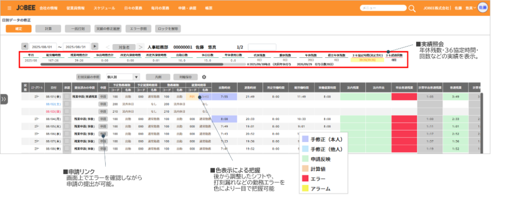 勤務状況をまとめて見える化、申請まで連動