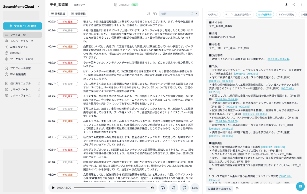 文字起こし、話者、議事録が全て見られる